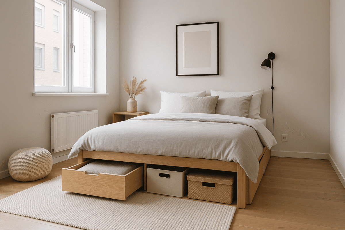 Modern small bedroom with organized under-bed storage for small-space living