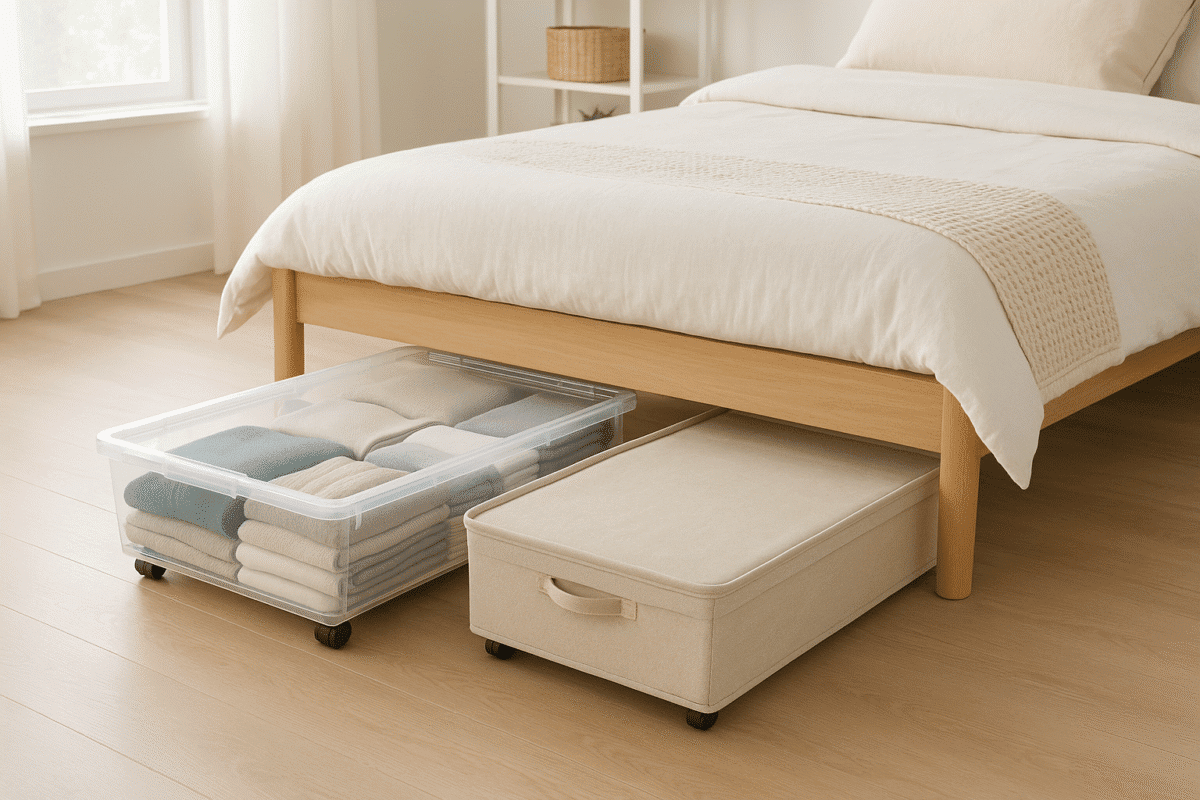 Plastic and fabric rolling storage bins neatly arranged under a bed