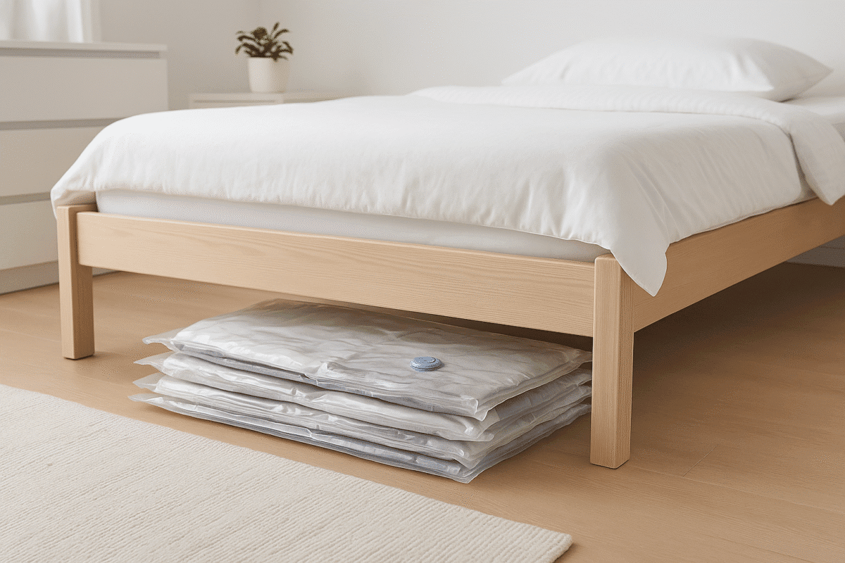 Compressed vacuum-sealed storage bags under a low-profile bed