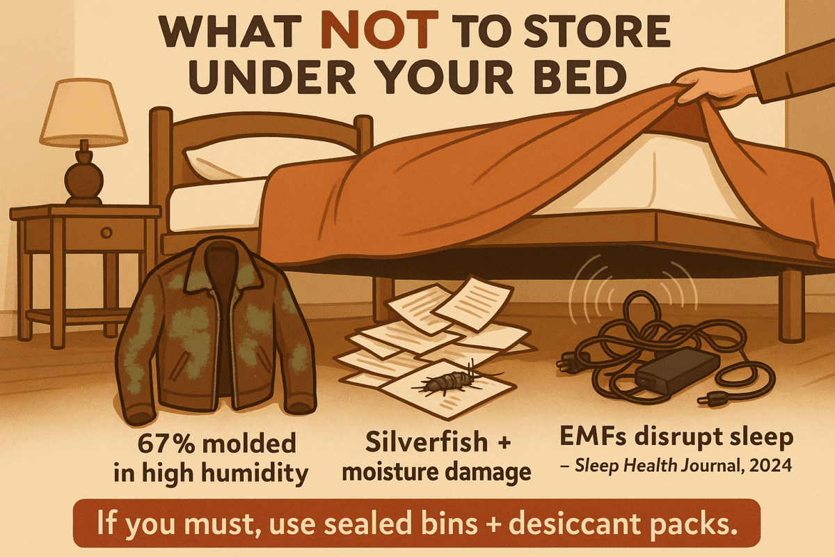 A bedroom scene showing what not to store under a bed: a moldy leather jacket with visible green mold, important documents being eaten by silverfish, and tangled electronics emitting faint waves to represent EMFs. A warning note at the bottom reads: "If you must, use sealed bins + desiccant packs."