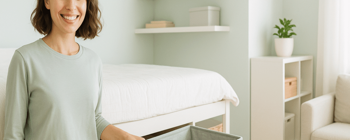 A cheerful young woman in a modern, minimalist small apartment, wearing a soft neutral-toned or pastel shirt. She’s standing beside a space-saving storage basket or smart furniture item (like an under-bed drawer or foldable shelf), smiling confidently. The scene is bright, organized, and clean, with calming natural light. Background features subtle interior elements like floating shelves or compact storage units. Ideal for promoting home organization ideas for tiny apartments.