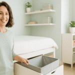 A cheerful young woman in a modern, minimalist small apartment, wearing a soft neutral-toned or pastel shirt. She’s standing beside a space-saving storage basket or smart furniture item (like an under-bed drawer or foldable shelf), smiling confidently. The scene is bright, organized, and clean, with calming natural light. Background features subtle interior elements like floating shelves or compact storage units. Ideal for promoting home organization ideas for tiny apartments.