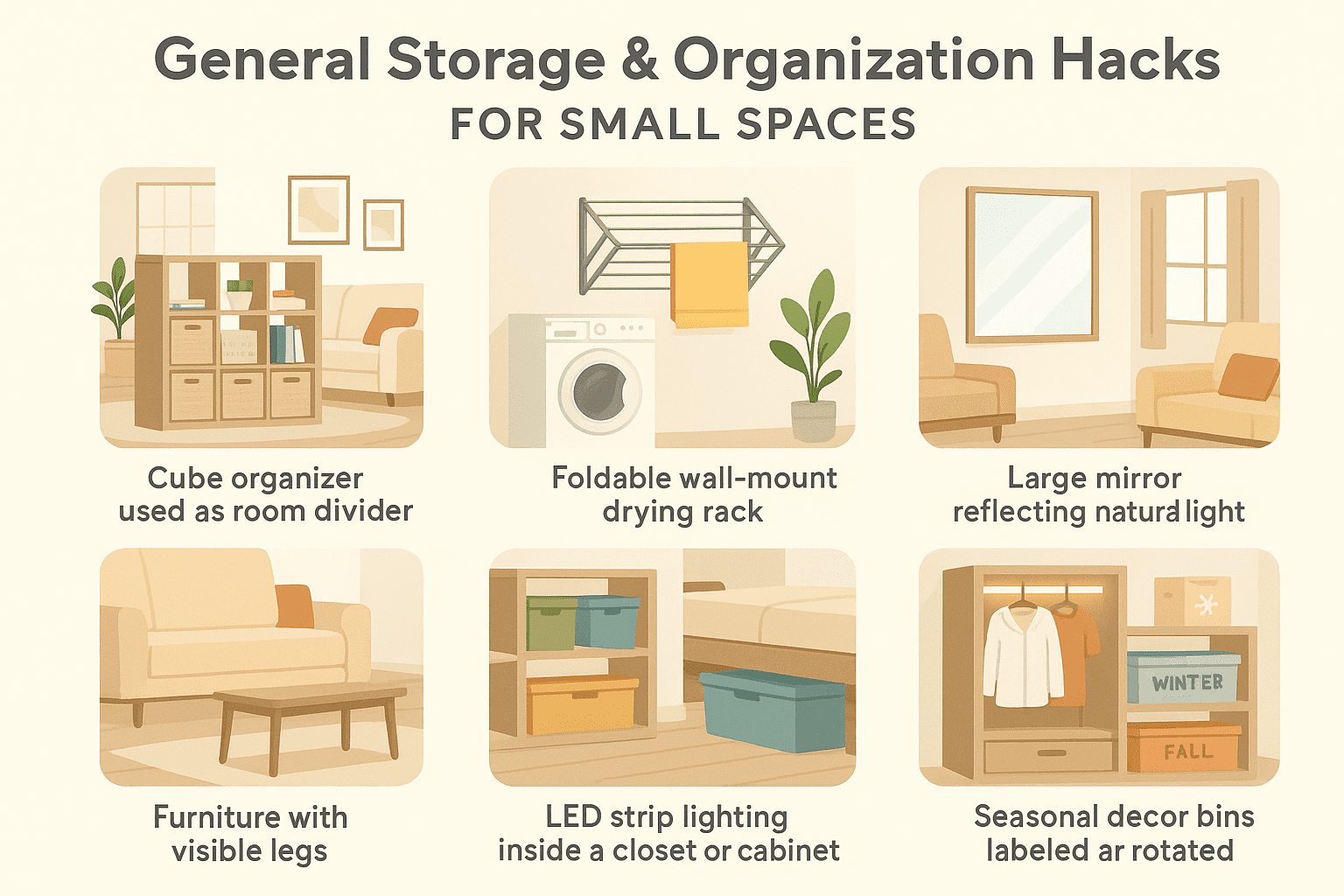 General small apartment storage tips: cube room divider, foldable drying rack, mirrors for depth, leggy furniture, color-coded bins, LED-lit cabinets, and rotating seasonal decor.