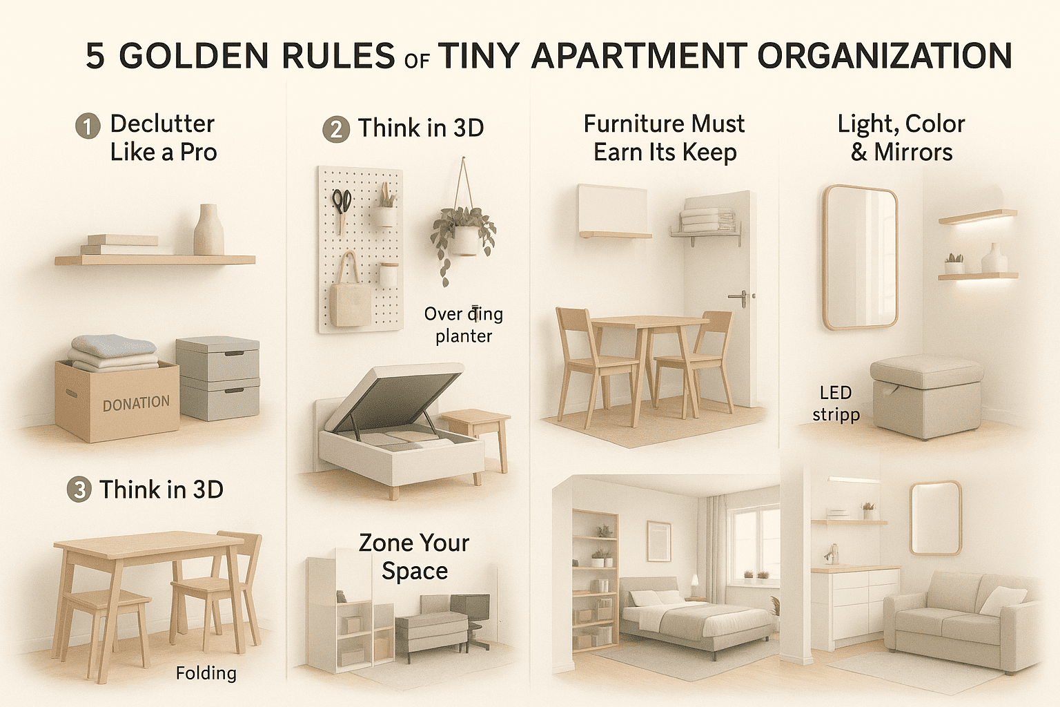 Infographic showing five golden rules of small apartment organization decluttering with labeled boxes, vertical storage with pegboards and ceiling planters, multi-functional furniture like storage beds and foldable tables, defined living zones using rugs and lighting, and space-enhancing tricks like mirrors, LED strips, and light-colored decor.

