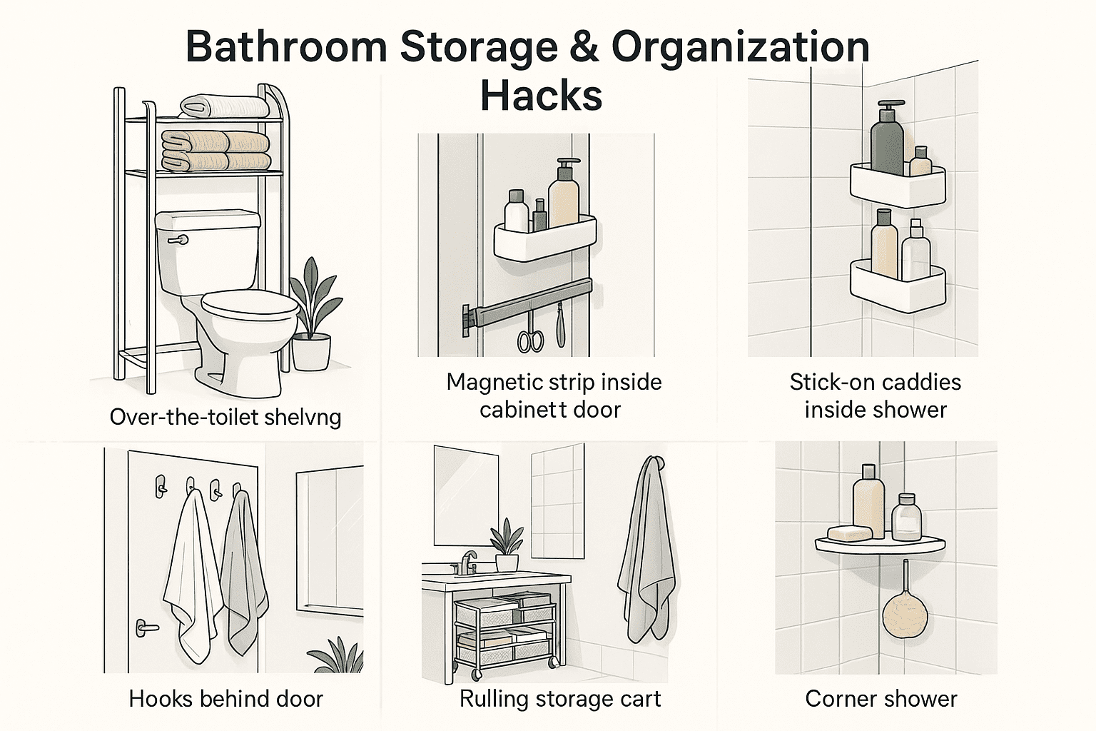 Small bathroom organization ideas: over-the-toilet shelves, stick-on shower caddies, cabinet magnetic strip for tools, rolling under-sink cart, door towel hooks, and corner shelves with toiletries.