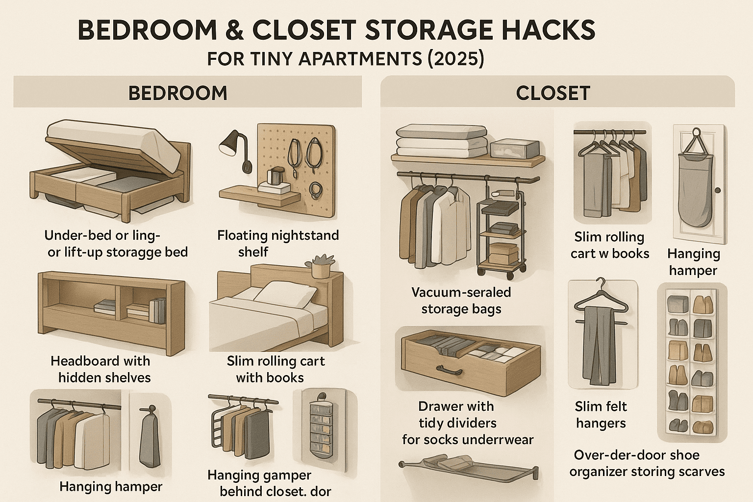 Split infographic showcasing storage hacks for tiny bedrooms and closets: under-bed storage bins, wall-mounted nightstands, pegboards for accessories, rolling carts, and headboards with shelving; plus closet solutions like double rods, vacuum-sealed bags, cascading hangers, drawer organizers, slim felt hangers, and shoe organizers for multipurpose use.