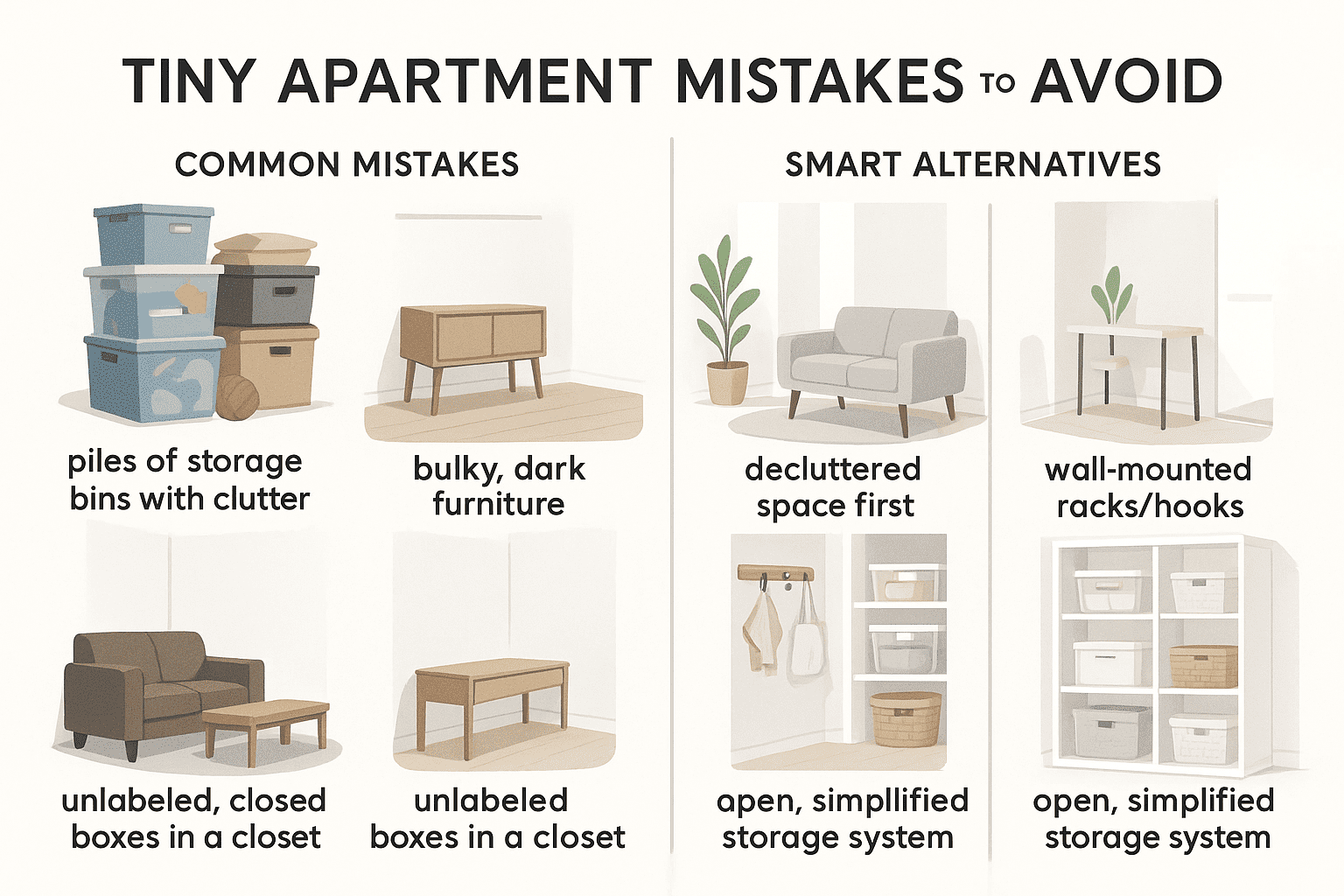 Comparison of common tiny apartment mistakes—cluttered bins, bulky furniture, unused wall space—versus smart solutions like vertical storage, leggy furniture, and labeled bins.