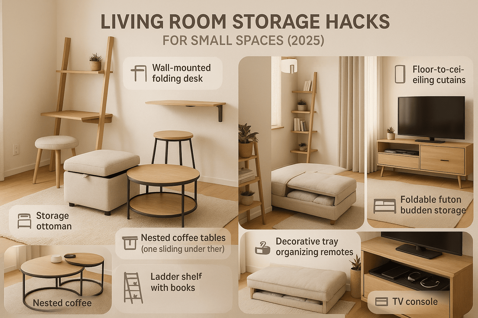 Infographic showing small living room storage ideas: storage ottoman, nested coffee tables, folding wall desk, ladder shelves, floor-to-ceiling curtains, console with charging station, futon with bedding storage, and tray organizing remote controls and electronics.