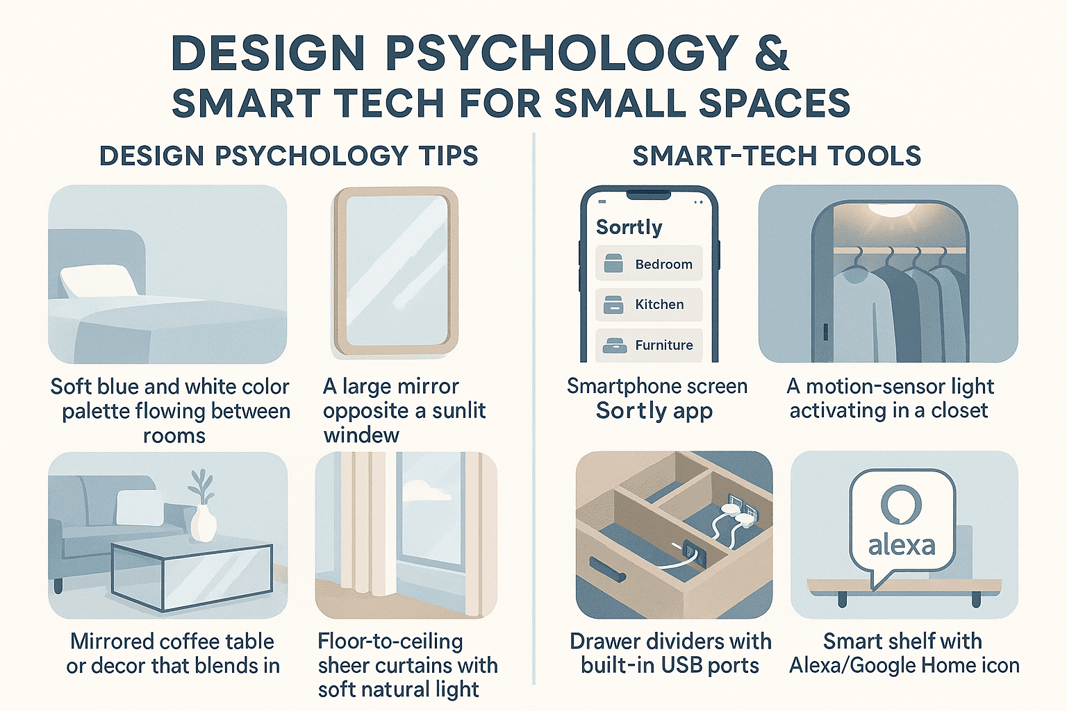 Infographic showing color psychology, mirrors, and curtain strategies to make small spaces feel larger, alongside smart home tools like inventory apps, USB drawer dividers, and voice-controlled storage.