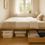 Small bedroom with organized under-bed storage bins and drawers maximizing space.