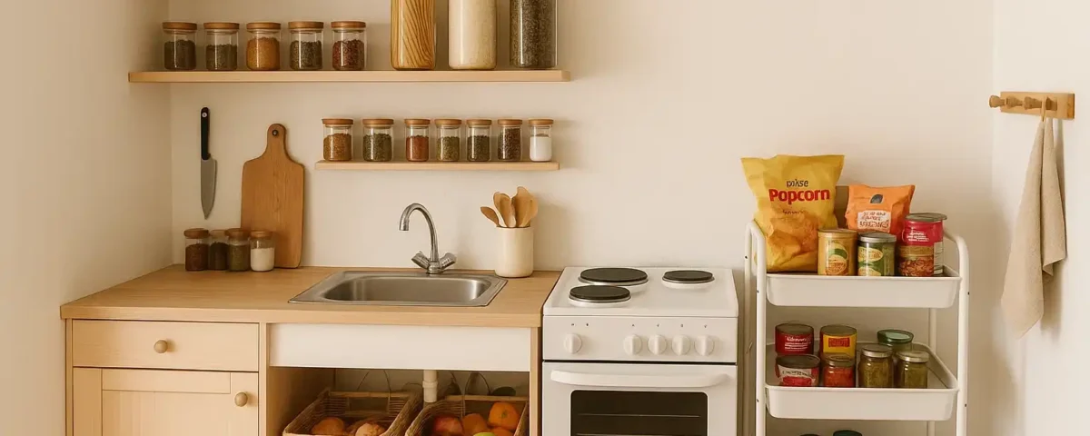 small apartment kitchen with open shelves, rolling cart pantry, baskets, and jars used as space-saving pantry alternatives