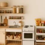 small apartment kitchen with open shelves, rolling cart pantry, baskets, and jars used as space-saving pantry alternatives