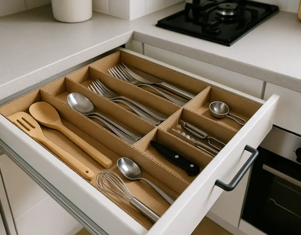 DIY drawer dividers organizing utensils and cutlery in a small kitchen for better space management.
