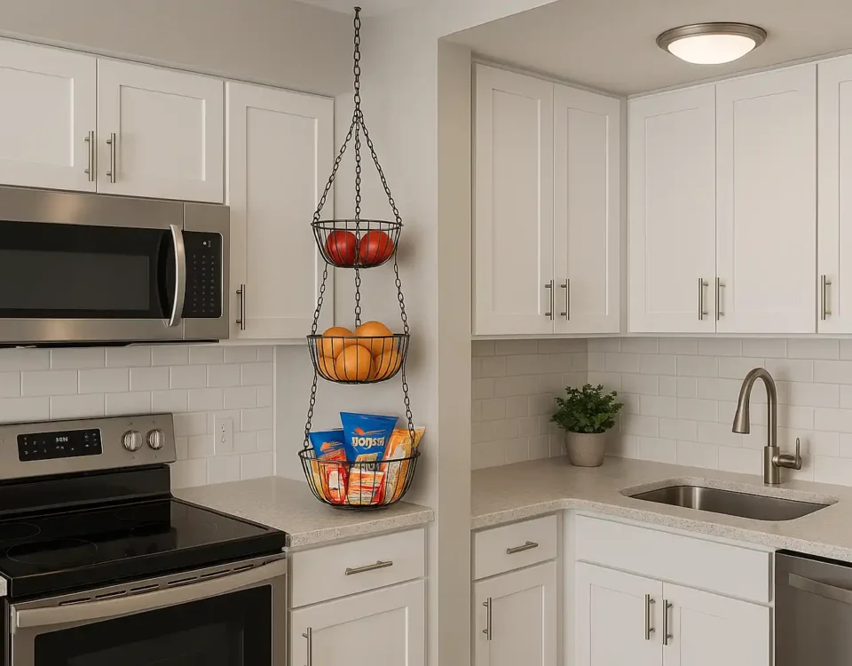 Three-tier hanging fruit basket repurposed for pantry storage in a small kitchen, holding produce and snacks.