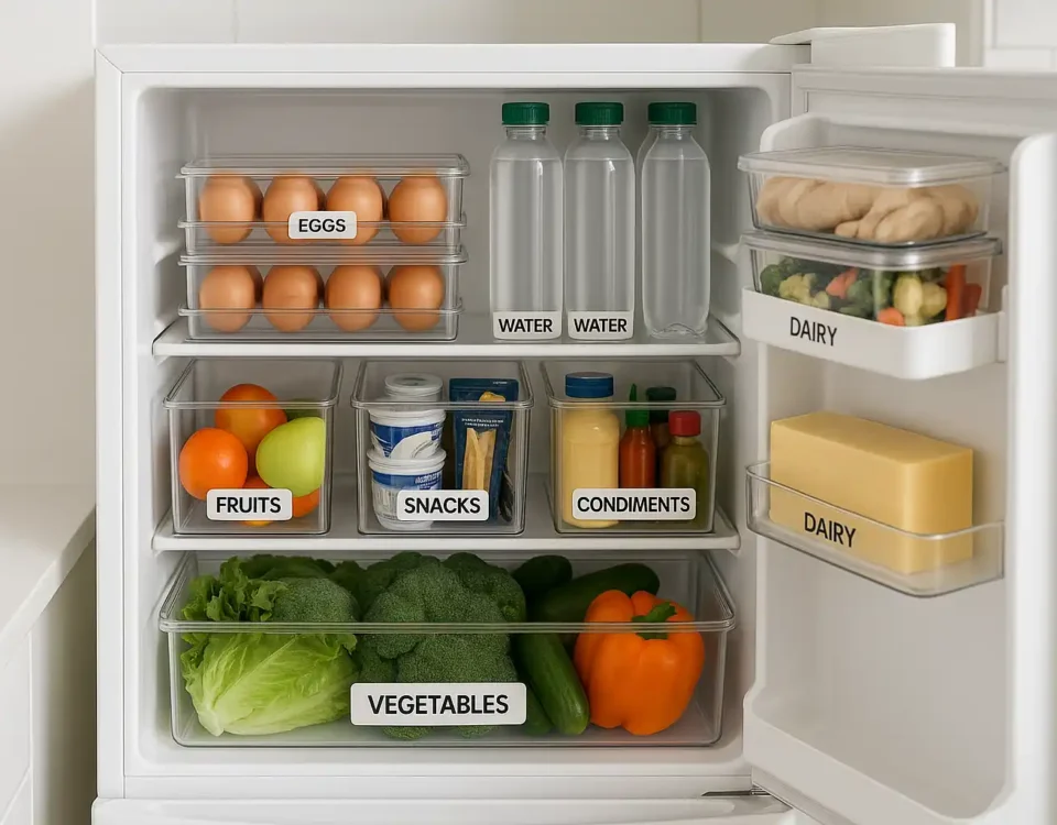 Organized small fridge with labeled containers, clear bins, and fresh food arranged neatly for space-saving storage.