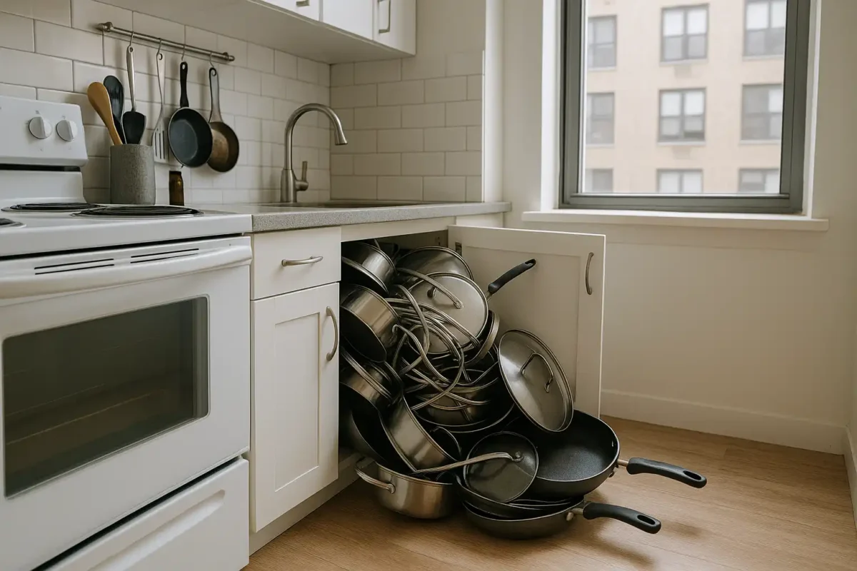 A cluttered small apartment kitchen cabinet overflowing with tangled pots, pans, and lids, representing limited storage space and organization challenges.