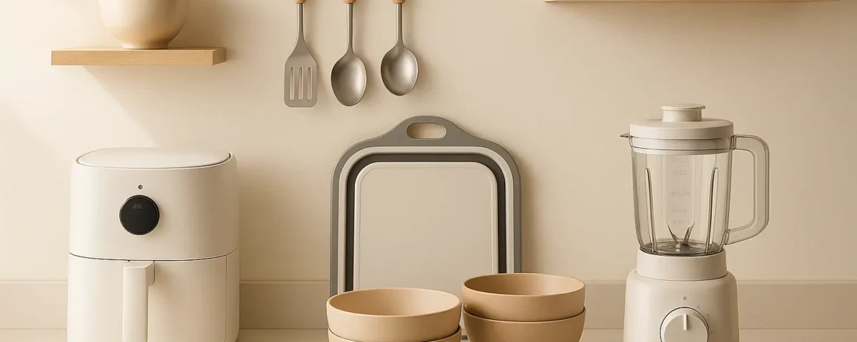 Multi-purpose kitchen gadgets arranged in a small modern kitchen, including compact appliances, foldable tools, and space-saving storage items.