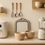 Multi-purpose kitchen gadgets arranged in a small modern kitchen, including compact appliances, foldable tools, and space-saving storage items.
