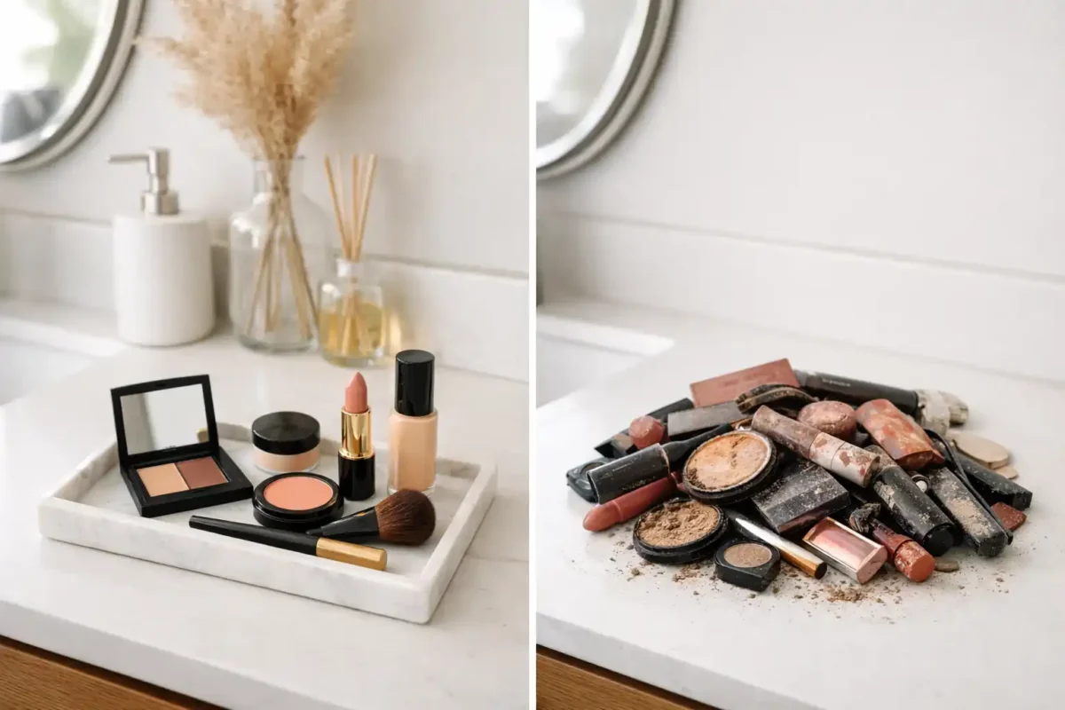 Decluttering makeup to create a core collection for a small bathroom