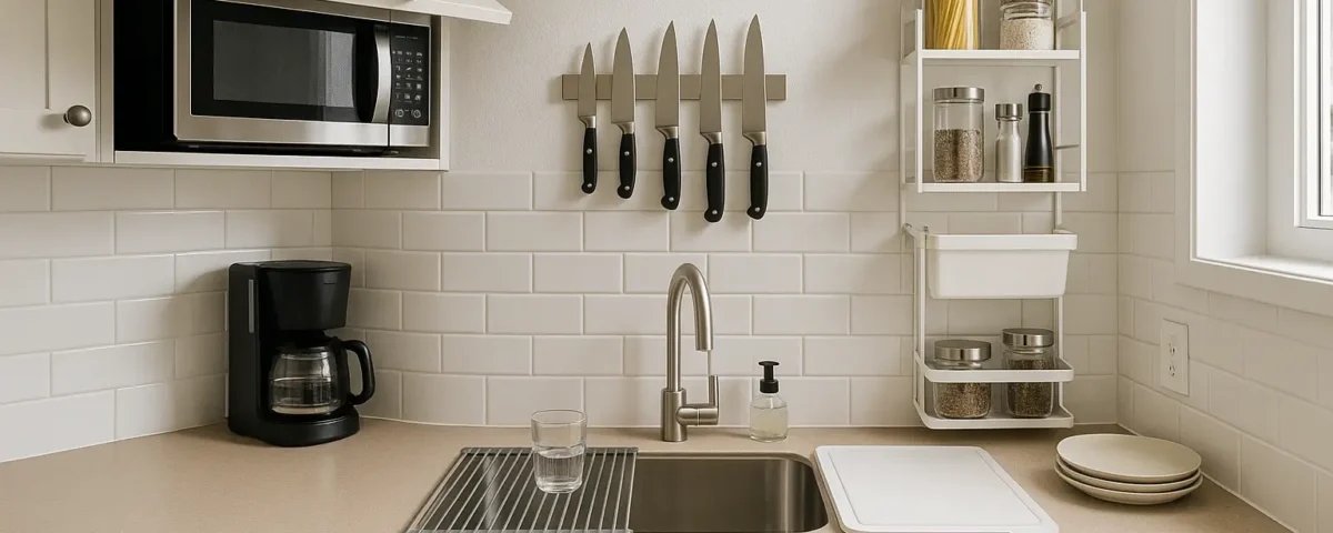 Tiny kitchen with smart counter space solutions including a roll-up drying rack, magnetic knife strip, and vertical storage.