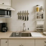 Tiny kitchen with smart counter space solutions including a roll-up drying rack, magnetic knife strip, and vertical storage.
