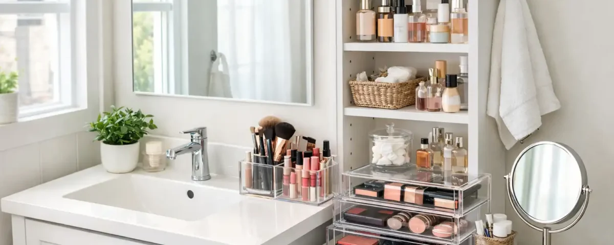 How to organize makeup in a small bathroom using vertical storage and renter-friendly organizers