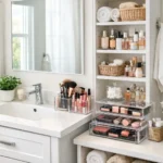 How to organize makeup in a small bathroom using vertical storage and renter-friendly organizers