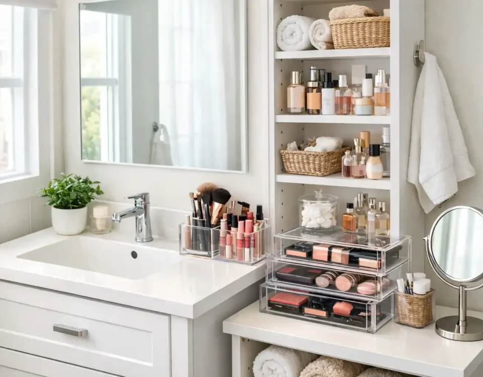 How to organize makeup in a small bathroom using vertical storage and renter-friendly organizers