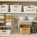 Organized kitchen cabinet with labeled baskets, containers, shelf risers, and renter-friendly storage hacks.