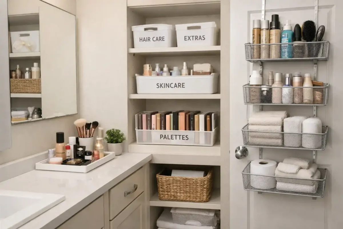 Vertical makeup storage zones in a small bathroom for renters