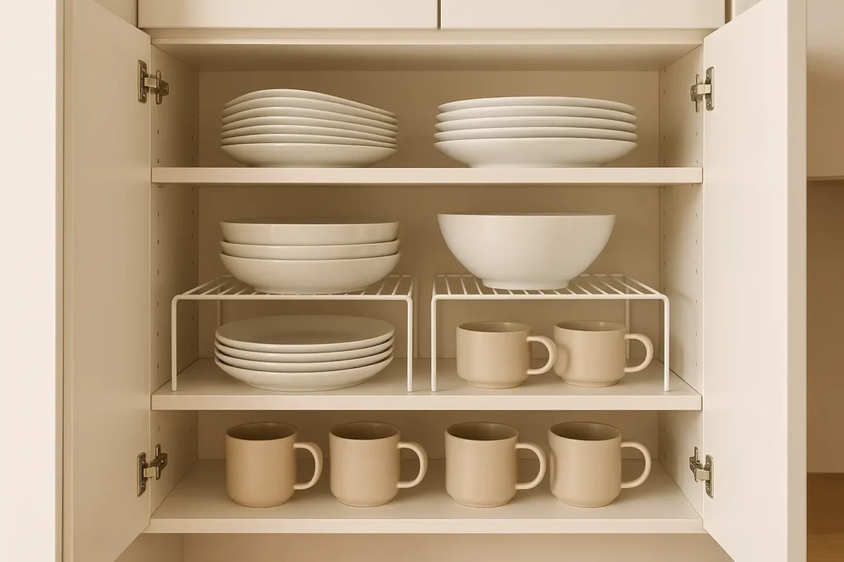Triple-layer shelf riser system in a small kitchen cabinet, holding plates, bowls, and mugs to maximize vertical space.