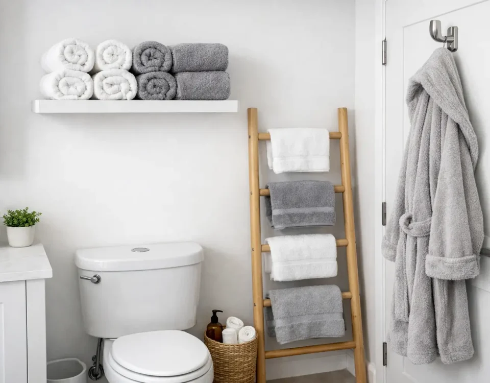 Photorealistic small modern bathroom with rolled towels on a floating shelf, a ladder rack in the corner, and a hook on the back of the door for efficient towel storage.