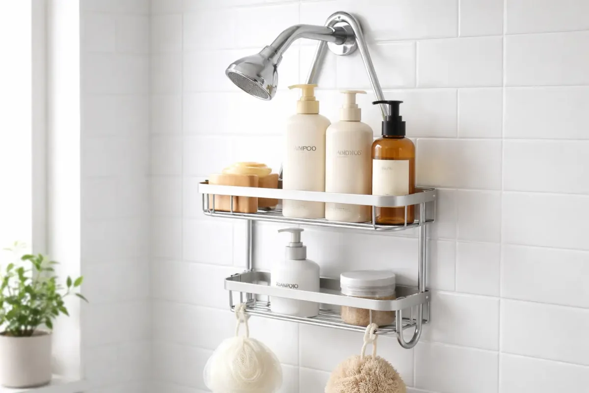 Over-the-showerhead caddy holding shampoo and conditioner bottles.
