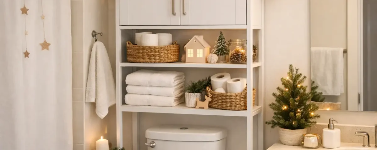 Closed over-the-toilet cabinet protecting towels from toilet plume in a small holiday guest bathroom