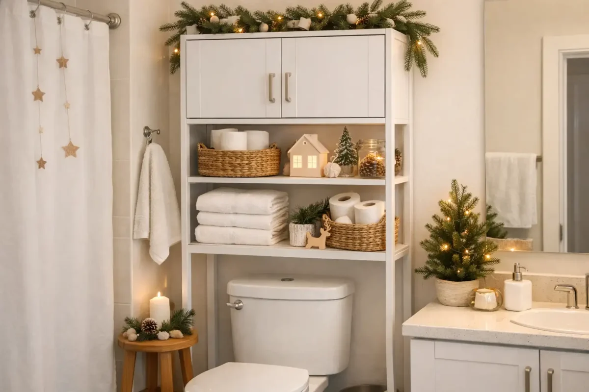 Closed over-the-toilet cabinet protecting towels from toilet plume in a small holiday guest bathroom