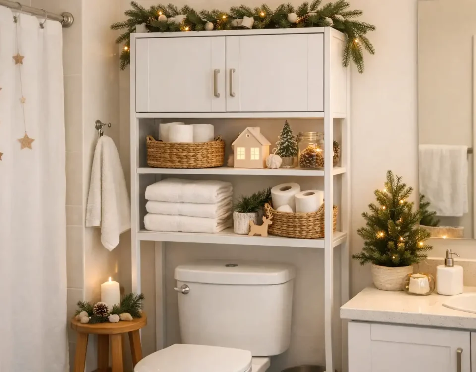 Closed over-the-toilet cabinet protecting towels from toilet plume in a small holiday guest bathroom