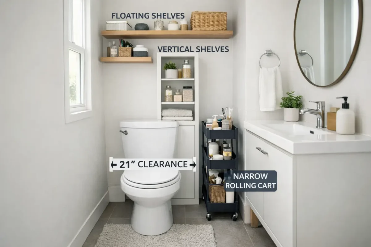 Small bathroom layout showing proper clearances with vertical storage above the toilet and beside the sink