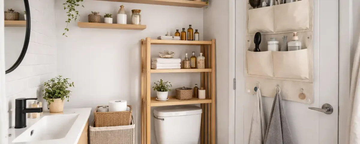 Small rental bathroom using vertical storage with over the toilet shelves and wall-mounted organizers