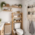 Small rental bathroom using vertical storage with over the toilet shelves and wall-mounted organizers