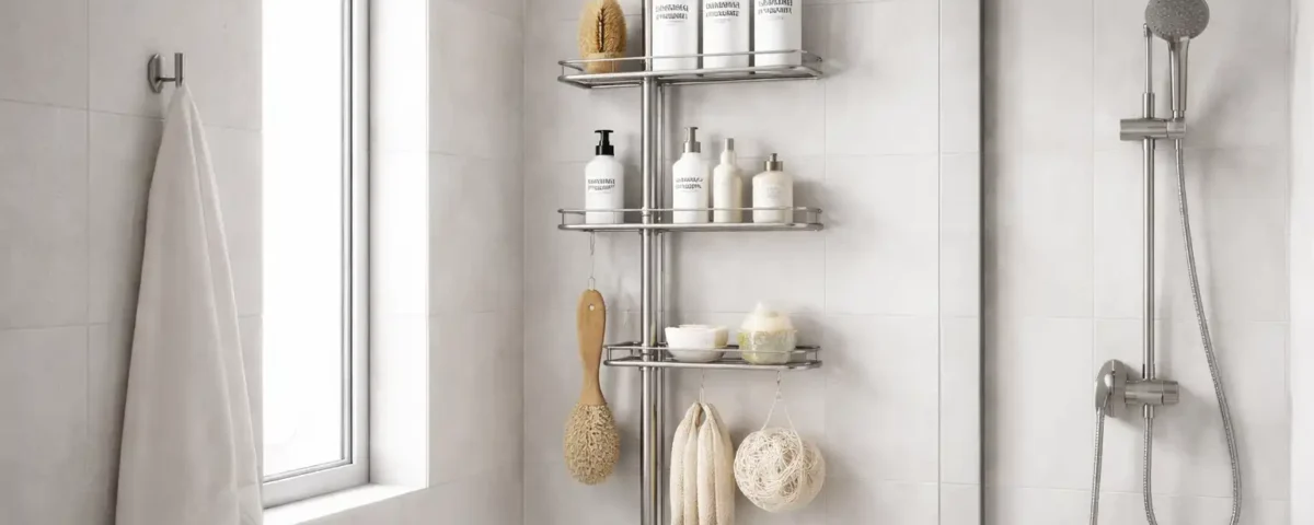 Tension pole shower caddy in a small apartment shower holding shampoo and body wash bottles.