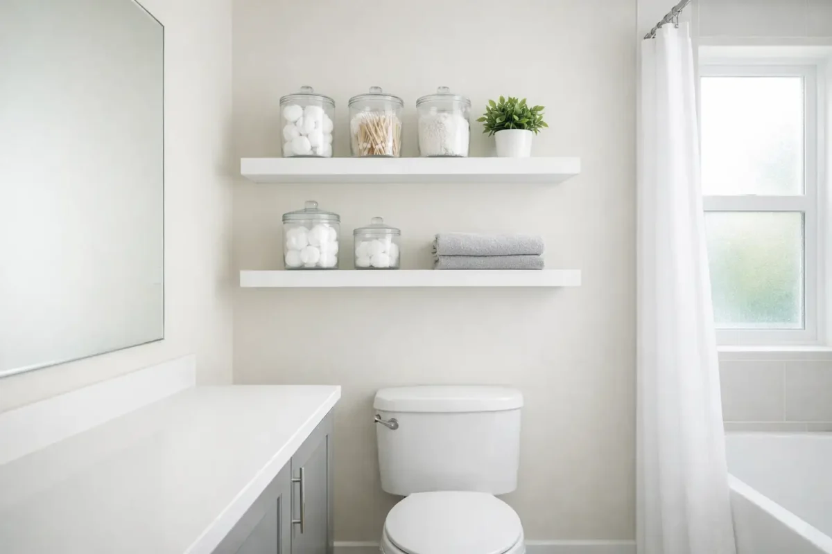 Floating shelves above a toilet with uniform jars and a plant, creating a clean, spacious look in a small bathroom.