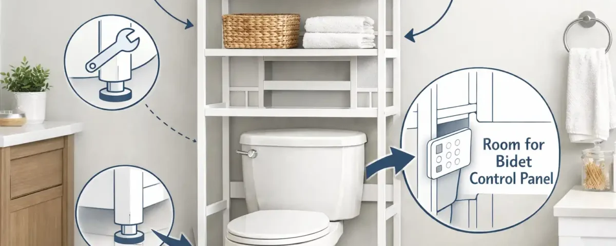 Freestanding over-the-toilet shelf with adjustable legs and open back for bidet compatibility, perfect for rental apartments.