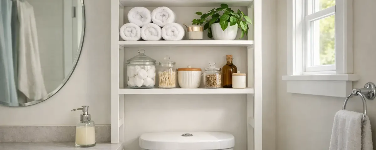 Organized small bathroom with a freestanding white storage shelf above the toilet holding baskets and towels, demonstrating space-saving solutions for apartments.