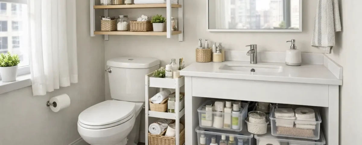 Small apartment bathroom organized on a budget using vertical storage shelves, slim rolling cart, and under-sink organizers