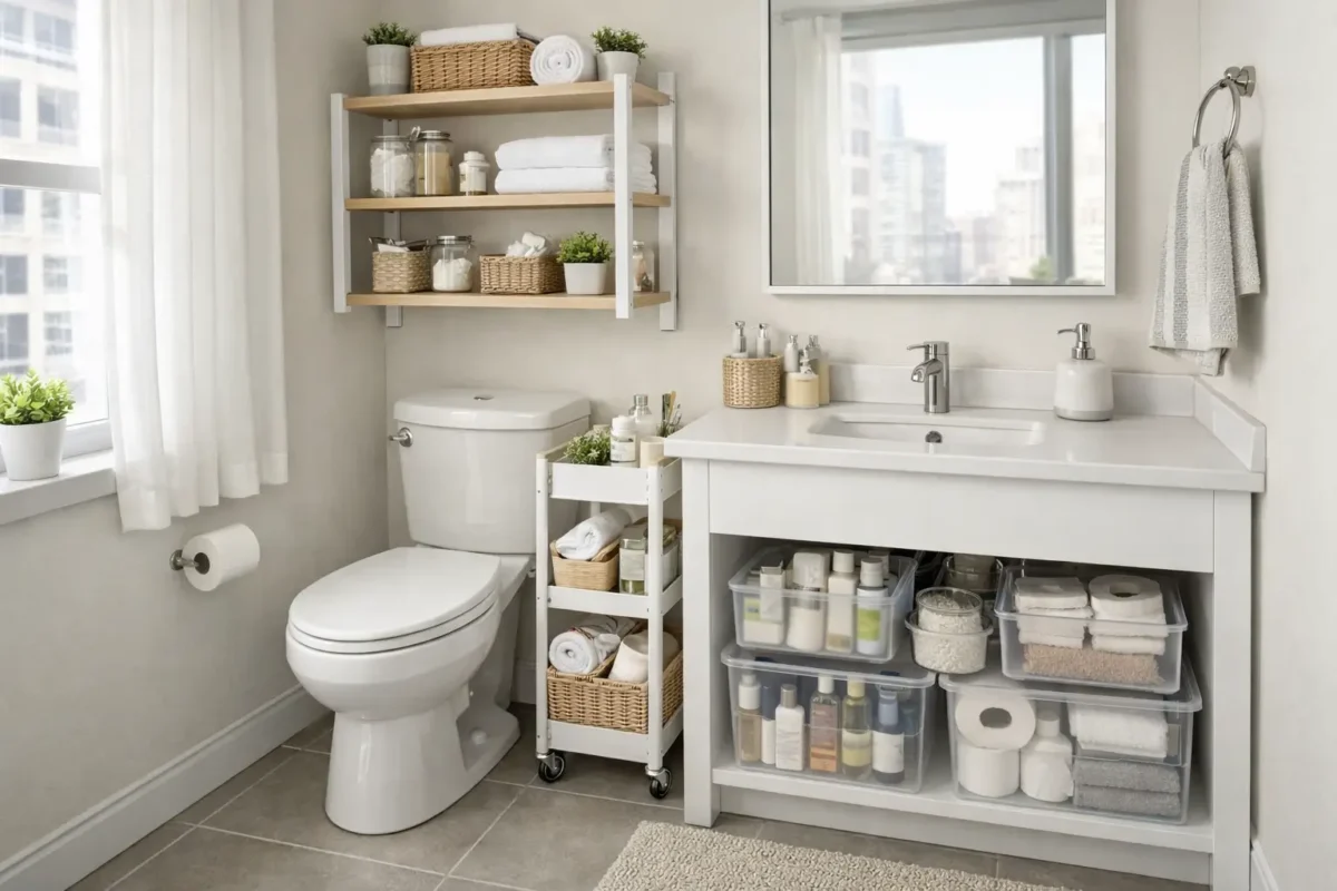 Small apartment bathroom organized on a budget using vertical storage shelves, slim rolling cart, and under-sink organizers