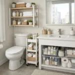 Small apartment bathroom organized on a budget using vertical storage shelves, slim rolling cart, and under-sink organizers