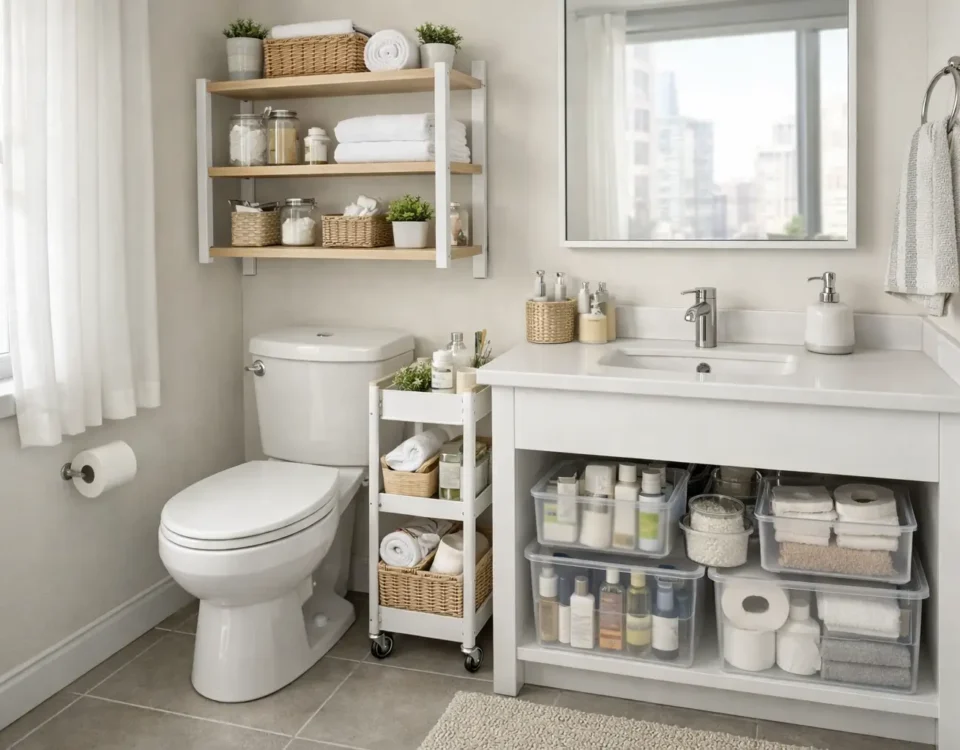 Small apartment bathroom organized on a budget using vertical storage shelves, slim rolling cart, and under-sink organizers