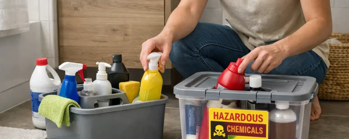 Sorting bathroom cleaning supplies into a daily-use caddy and a sealed safety bin during a decluttering audit in a small renter bathroom.