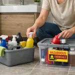 Sorting bathroom cleaning supplies into a daily-use caddy and a sealed safety bin during a decluttering audit in a small renter bathroom.