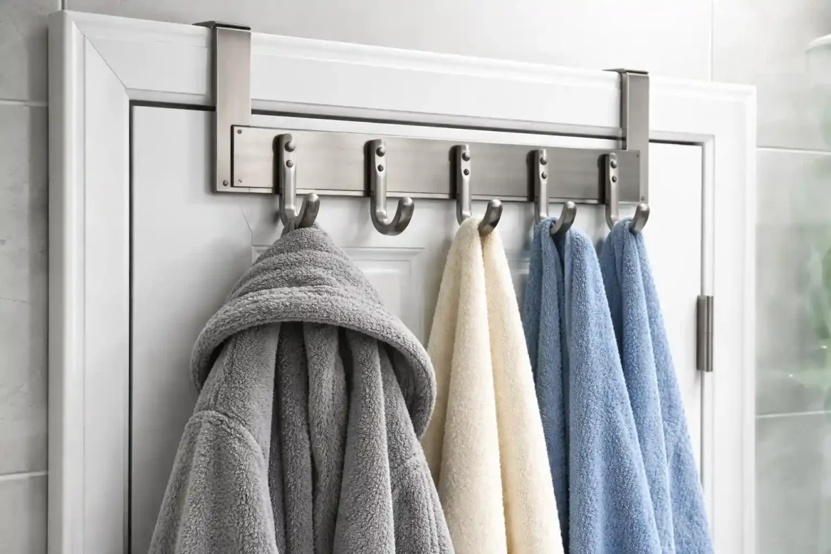Heavy-duty over-the-door hook holding wet towels and a bathrobe